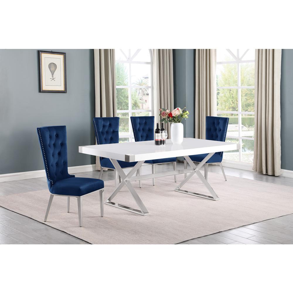 5pc Small(78″) white wood top dining set with silver base and 4 chairs