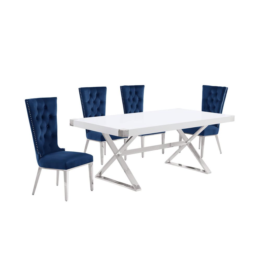 5pc Small(78″) white wood top dining set with silver base and 4 chairs