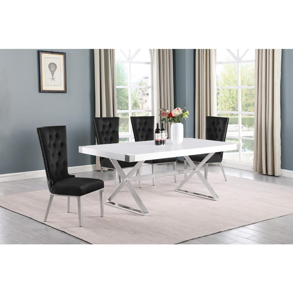 5pc Small(78″) white wood top dining set with silver base and 4 chairs