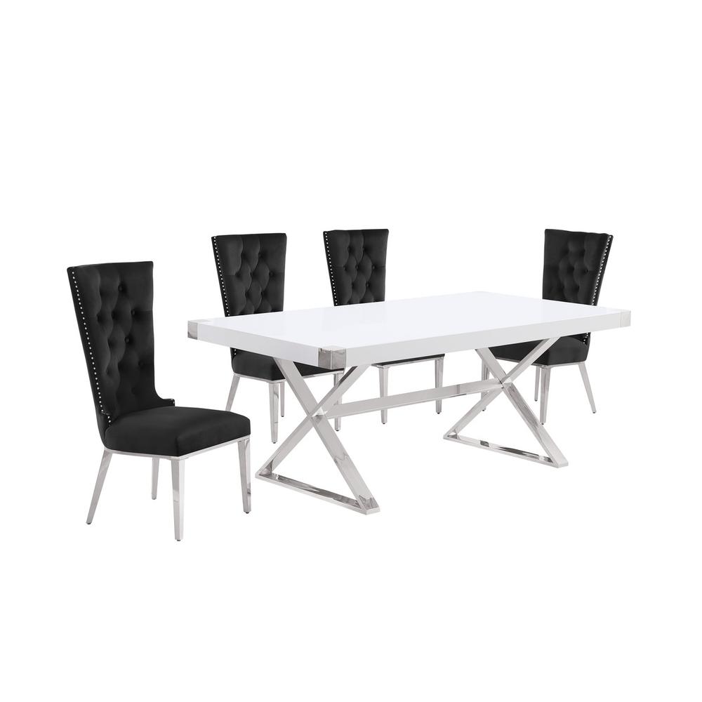 5pc Small(78″) white wood top dining set with silver base and 4 chairs