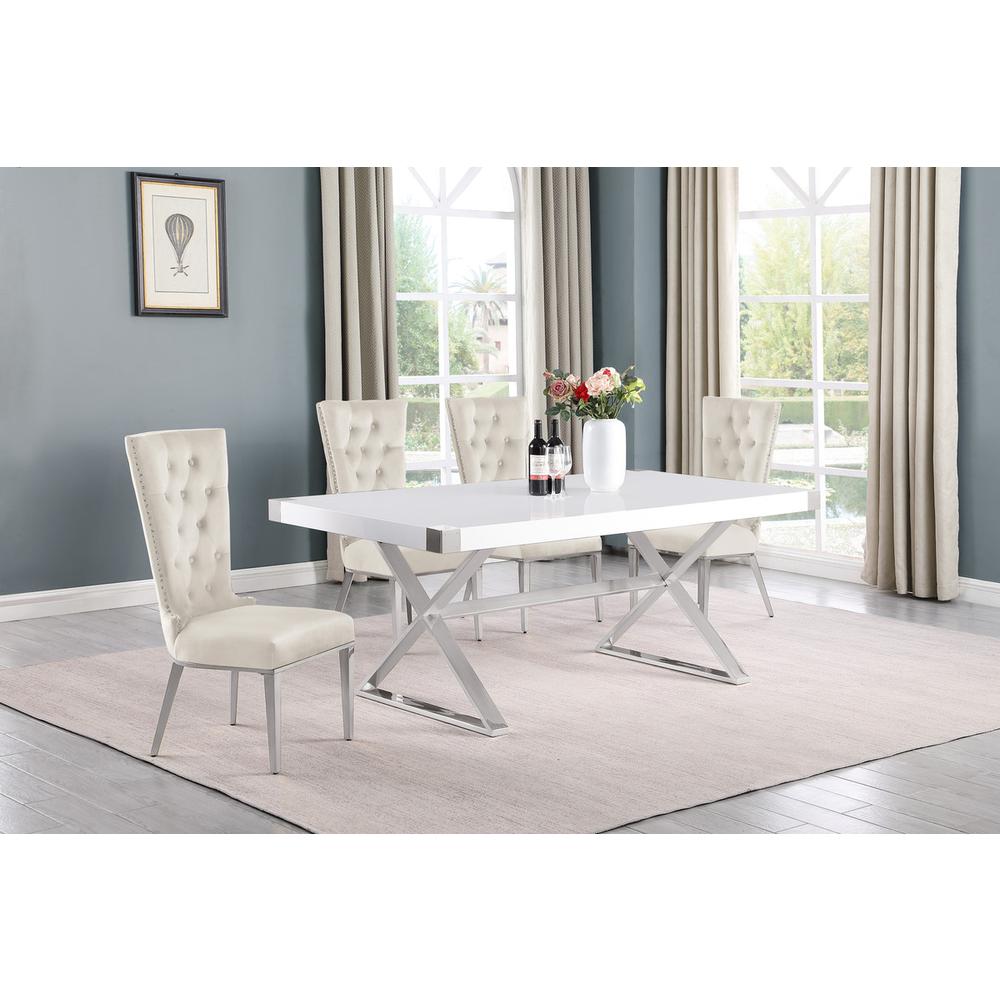 5pc Small(78″) white wood top dining set with silver base and 4 chairs