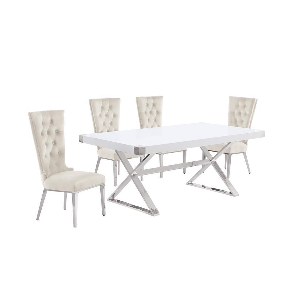 5pc Small(78″) white wood top dining set with silver base and 4 chairs