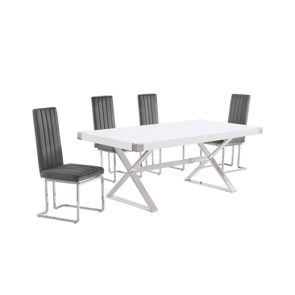 5pc Small(78″) white wood top dining set with silver base and 4 chairs