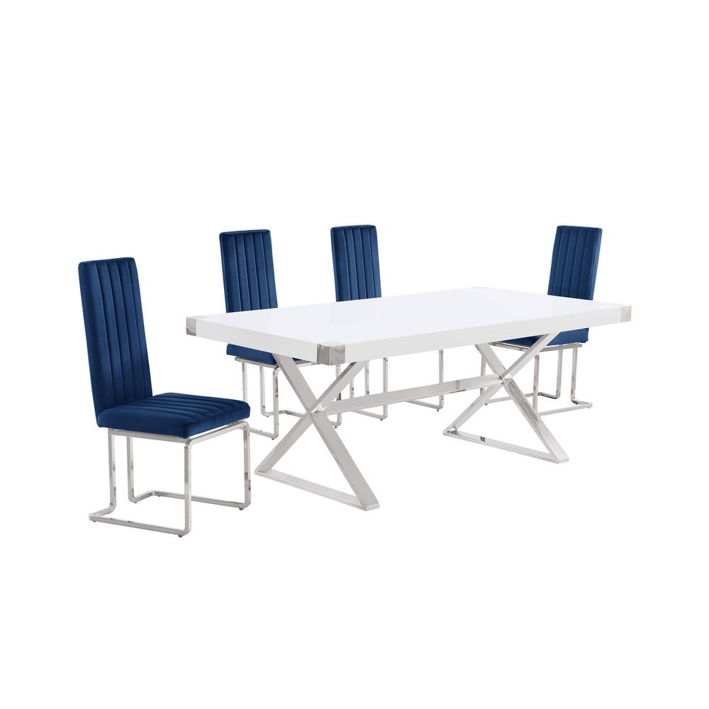 5pc Small(78″) white wood top dining set with silver base and 4 chairs