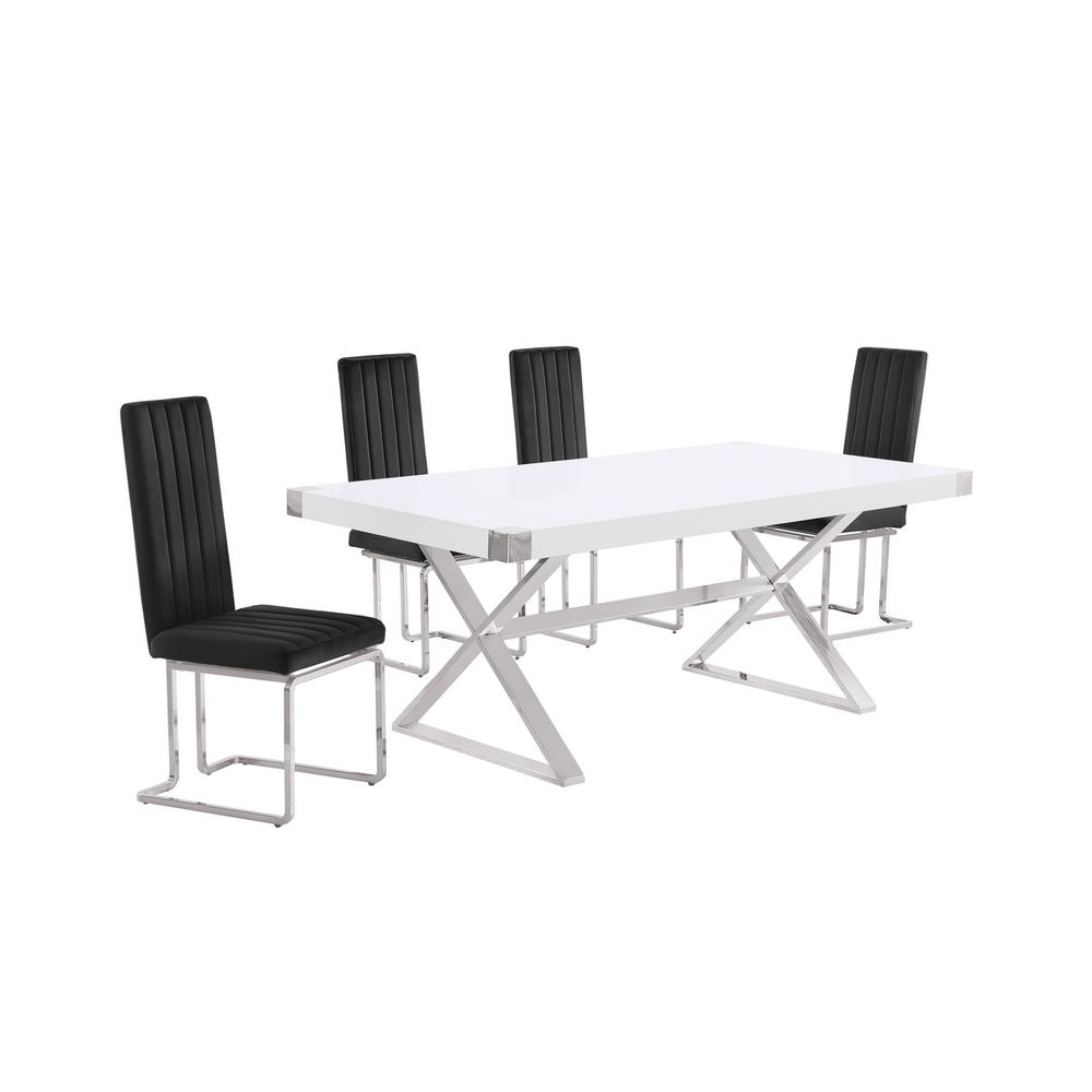 5pc Small(78″) white wood top dining set with silver base and 4 chairs