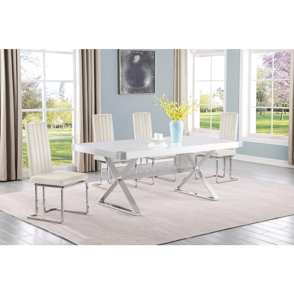 5pc Small(78″) white wood top dining set with silver base and 4 chairs
