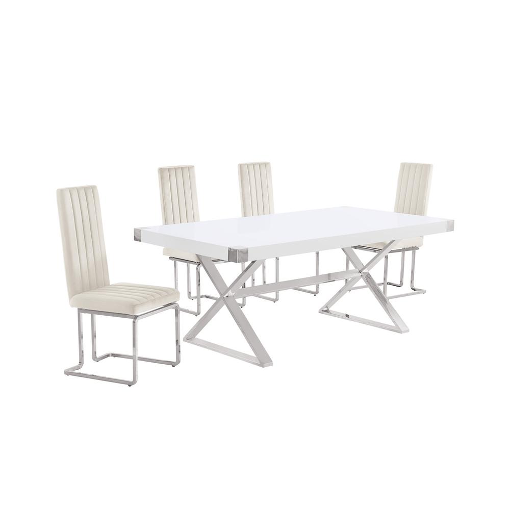 5pc Small(78″) white wood top dining set with silver base and 4 chairs