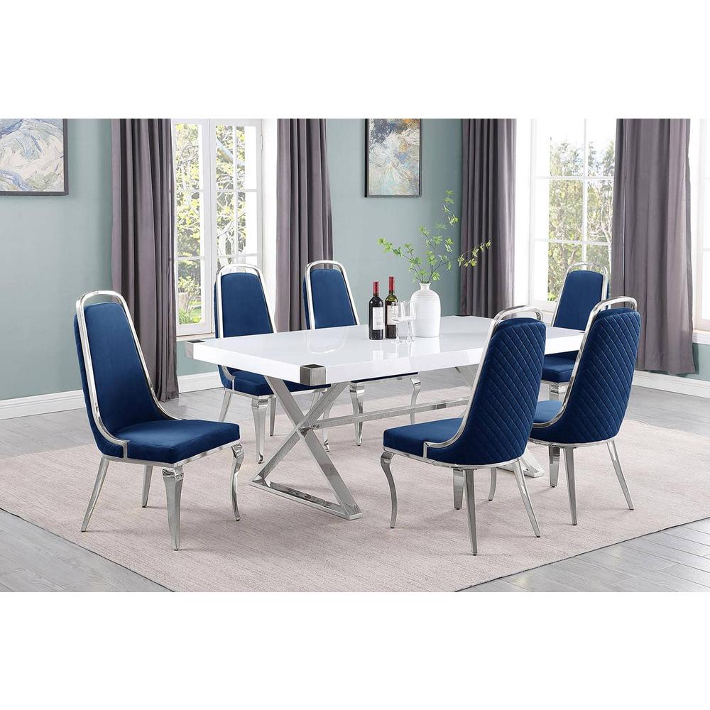 7pc Small(78″) white wood top dining set with silver base and 6 Navy side chiars