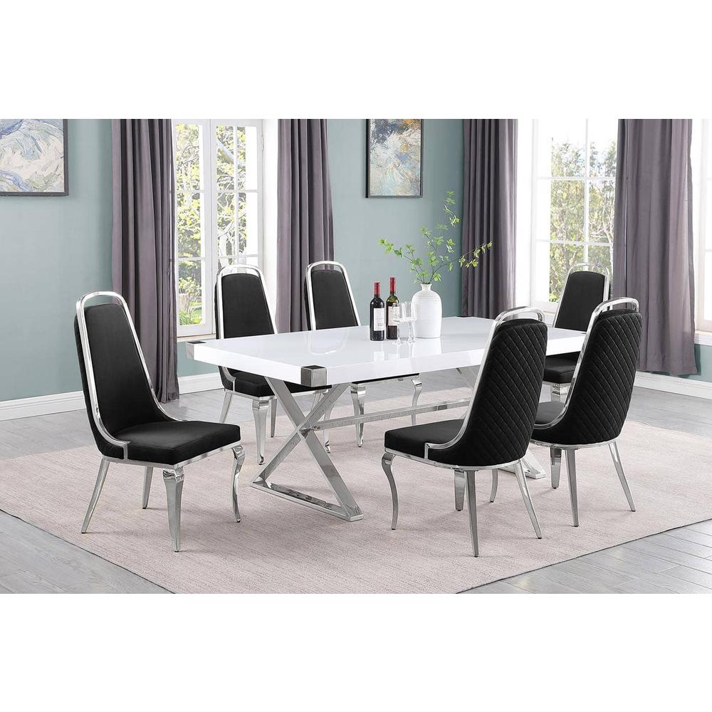 7pc Small(78″) white wood top dining set with silver base and 6 side chairs
