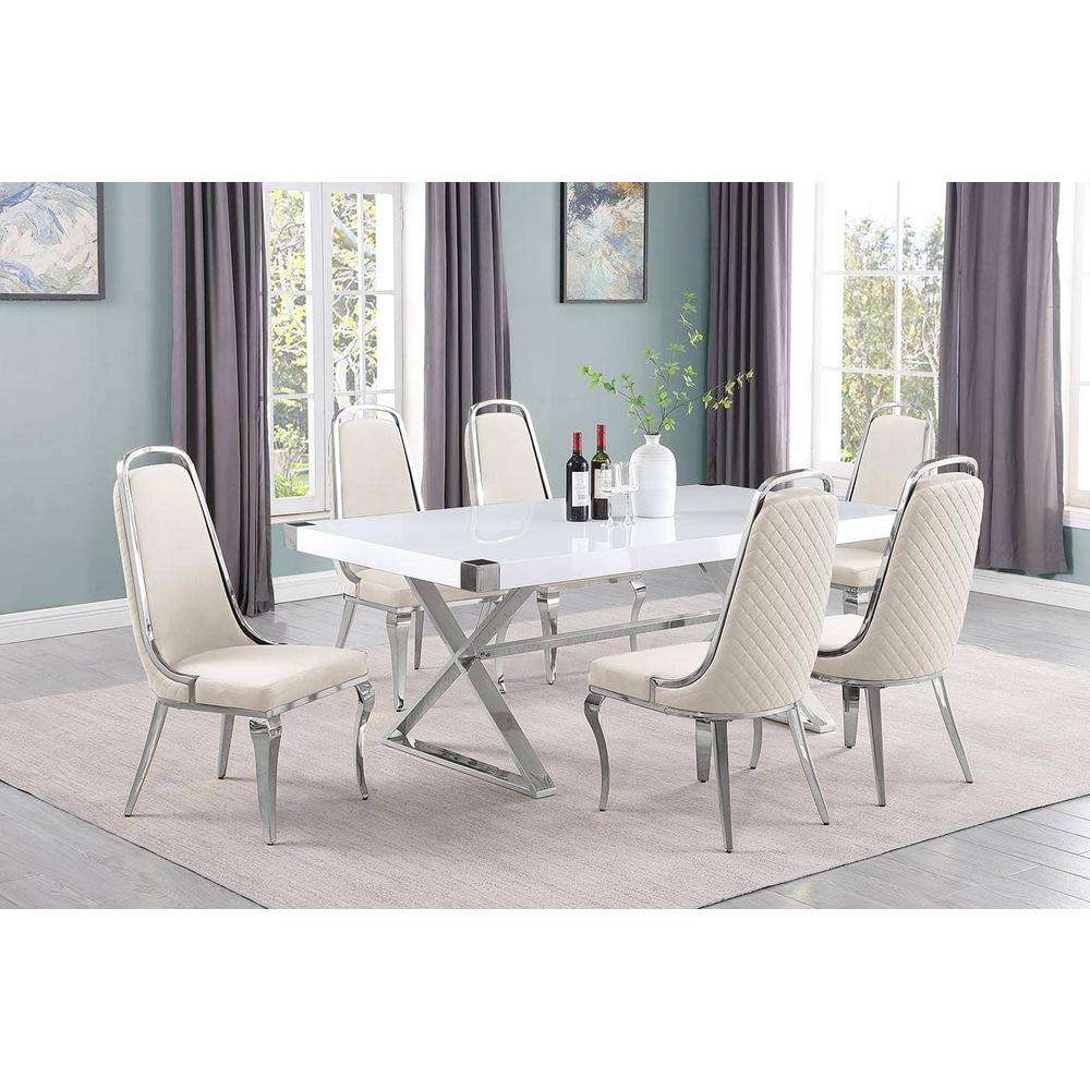 7pc Small(78″) white wood top dining set with silver base and 6 side chairs