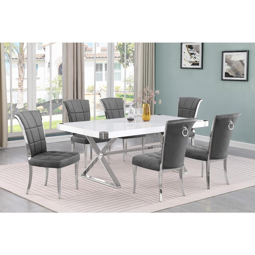 7pc Small(78″) white wood top dining set with silver base and 6 chairs