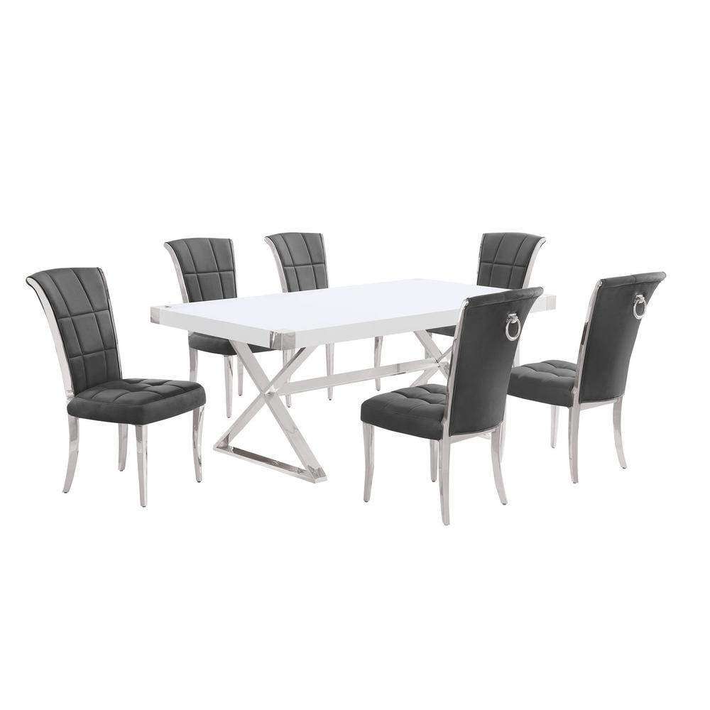 7pc Small(78″) white wood top dining set with silver base and 6 chairs