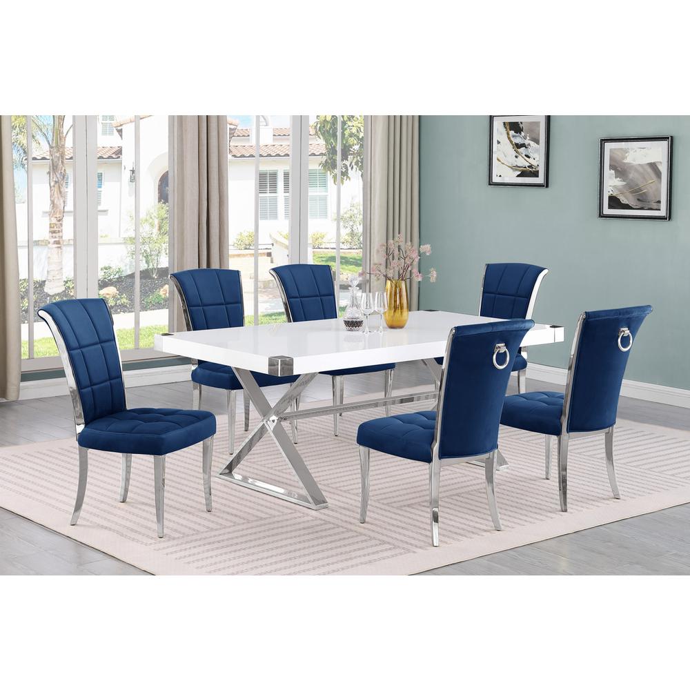 7pc Small(78″) white wood top dining set with silver base and 6 Navy side chiars
