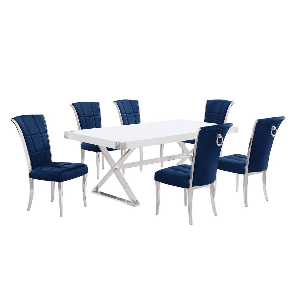 7pc Small(78″) white wood top dining set with silver base and 6 Navy side chiars