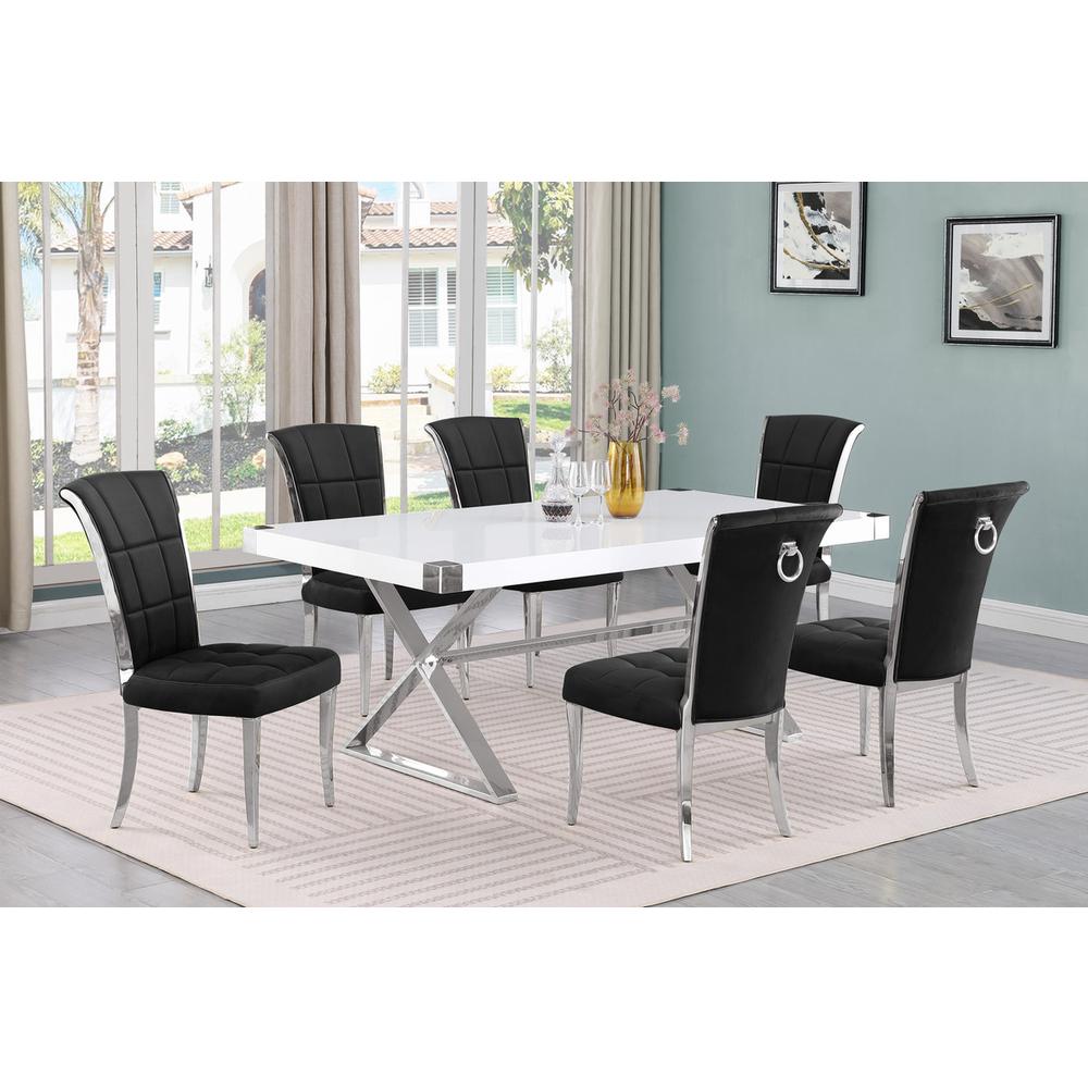 7pc Small(78″) white wood top dining set with silver base and 6 chairs