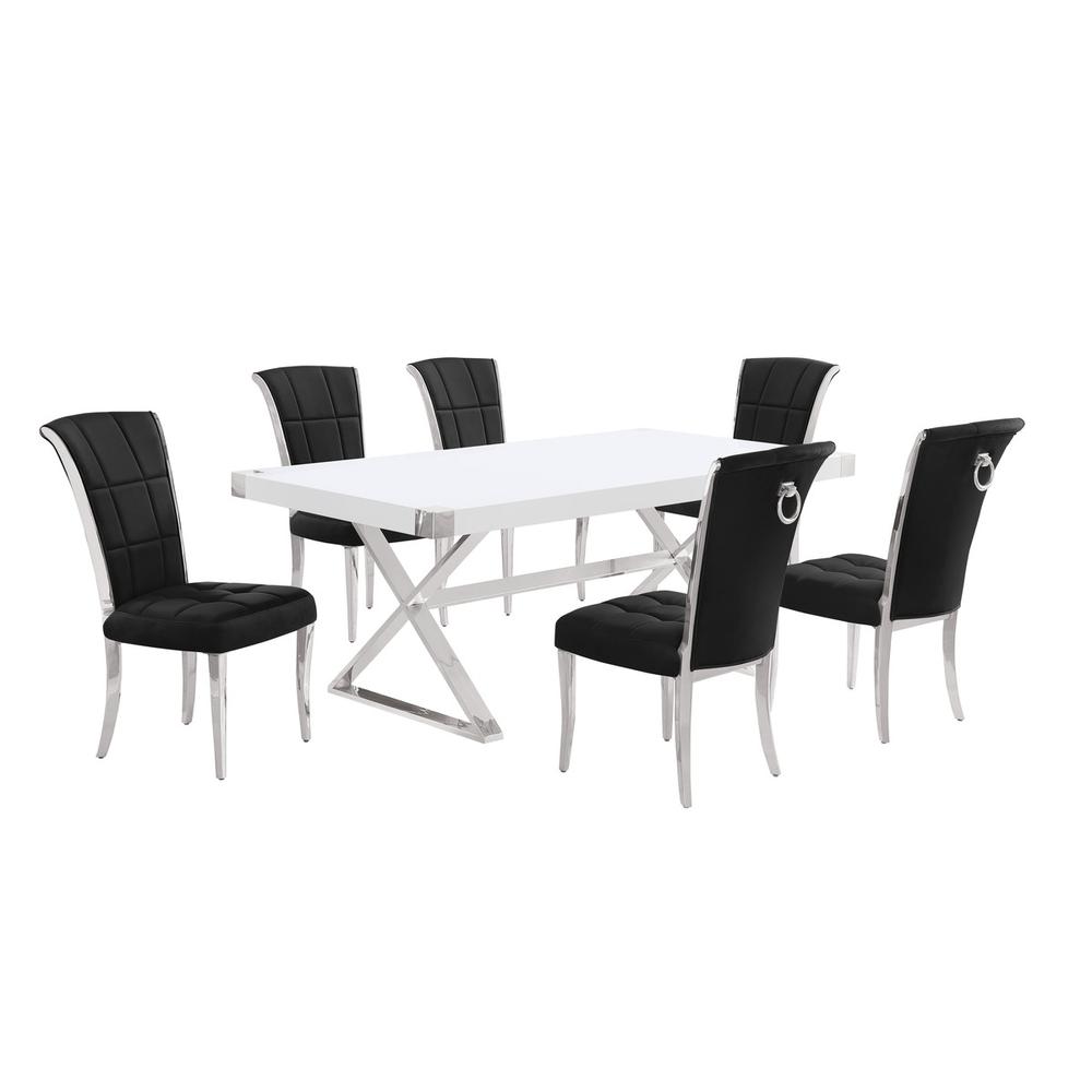 7pc Small(78″) white wood top dining set with silver base and 6 chairs
