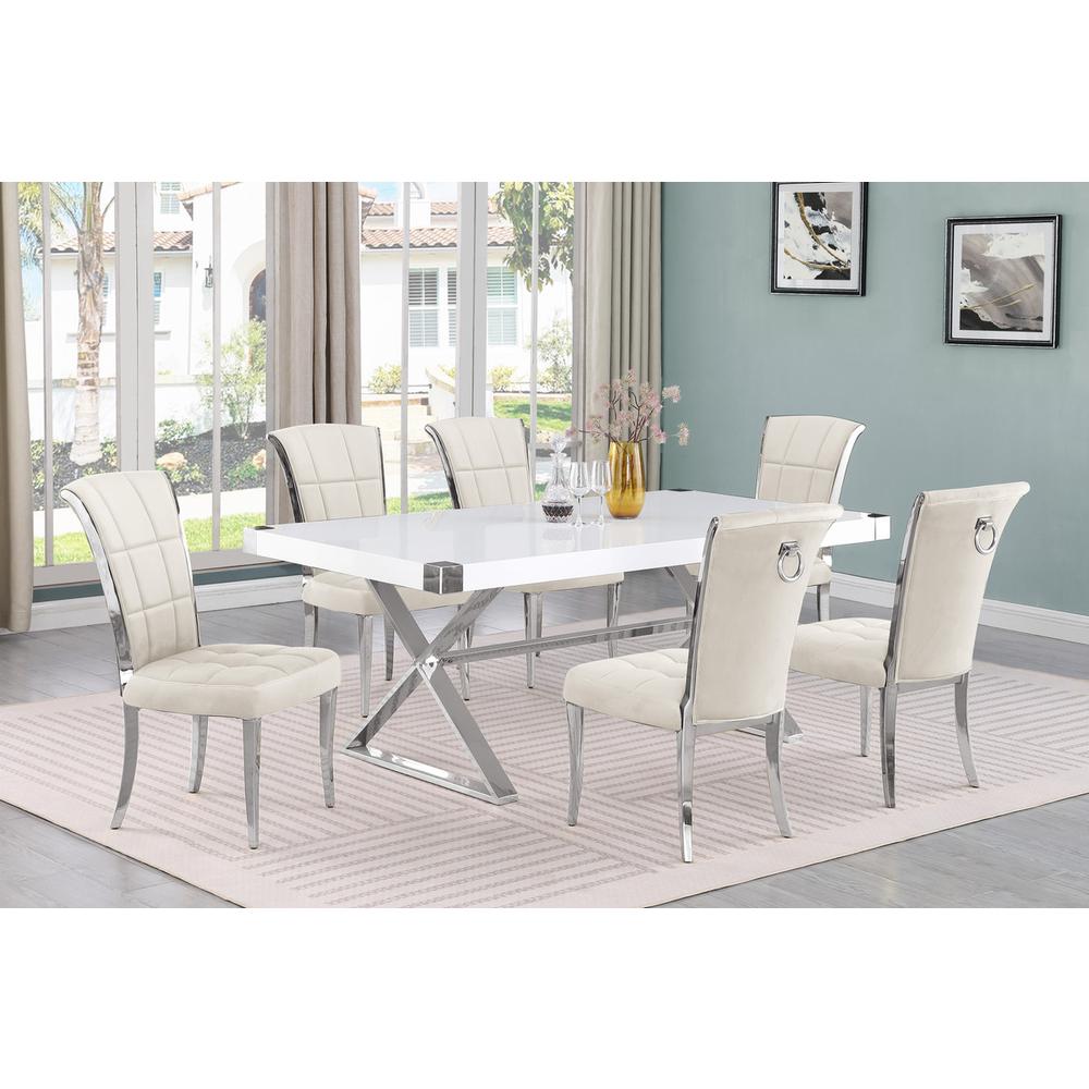 7pc Small(78″) white wood top dining set with silver base and 6 chairs