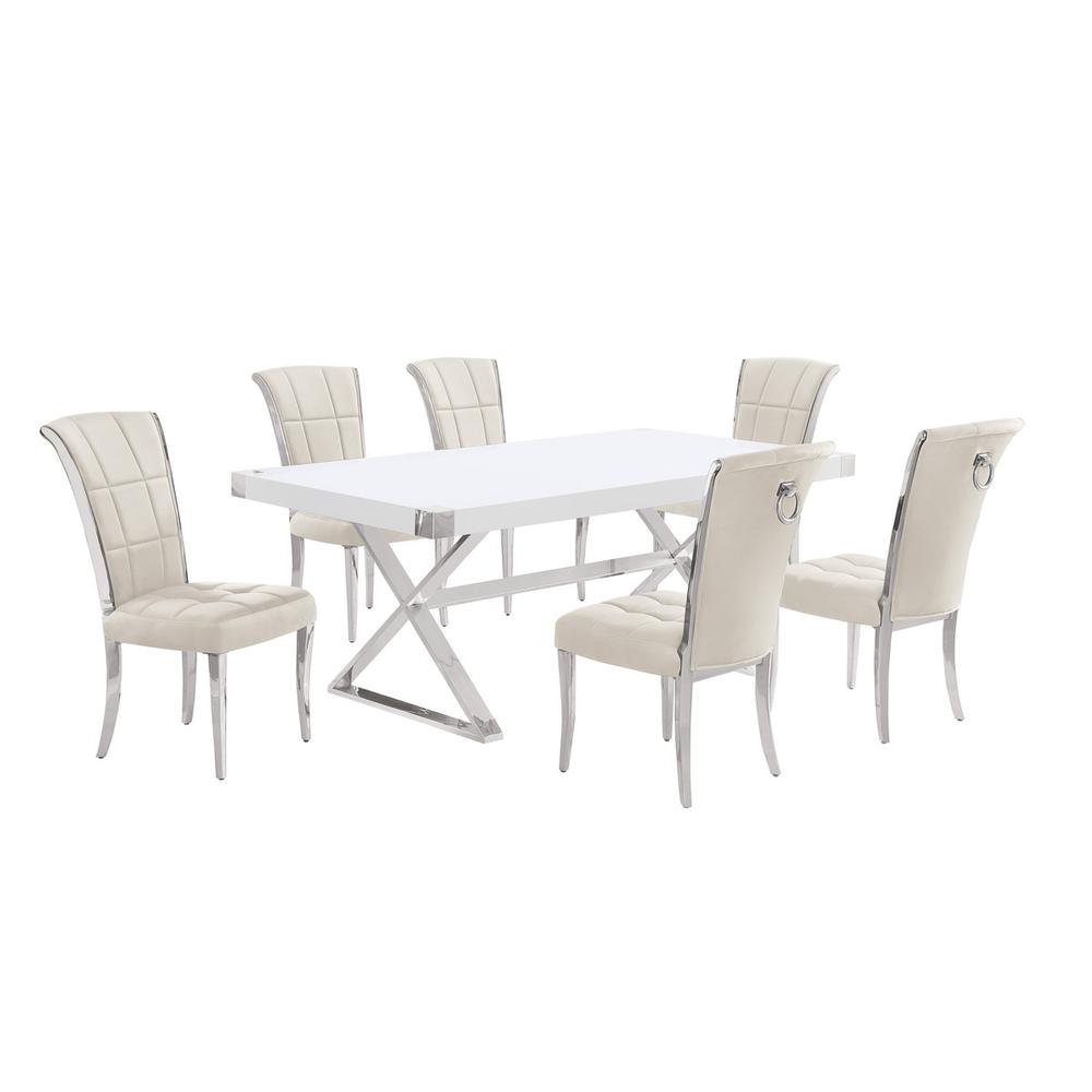 7pc Small(78″) white wood top dining set with silver base and 6 chairs