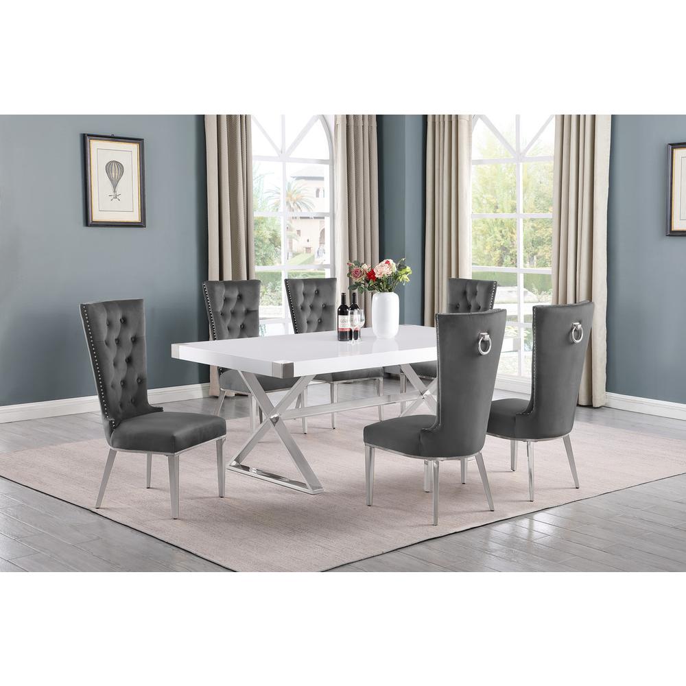 7pc Small(78″) white wood top dining set with silver base and 6 chiars