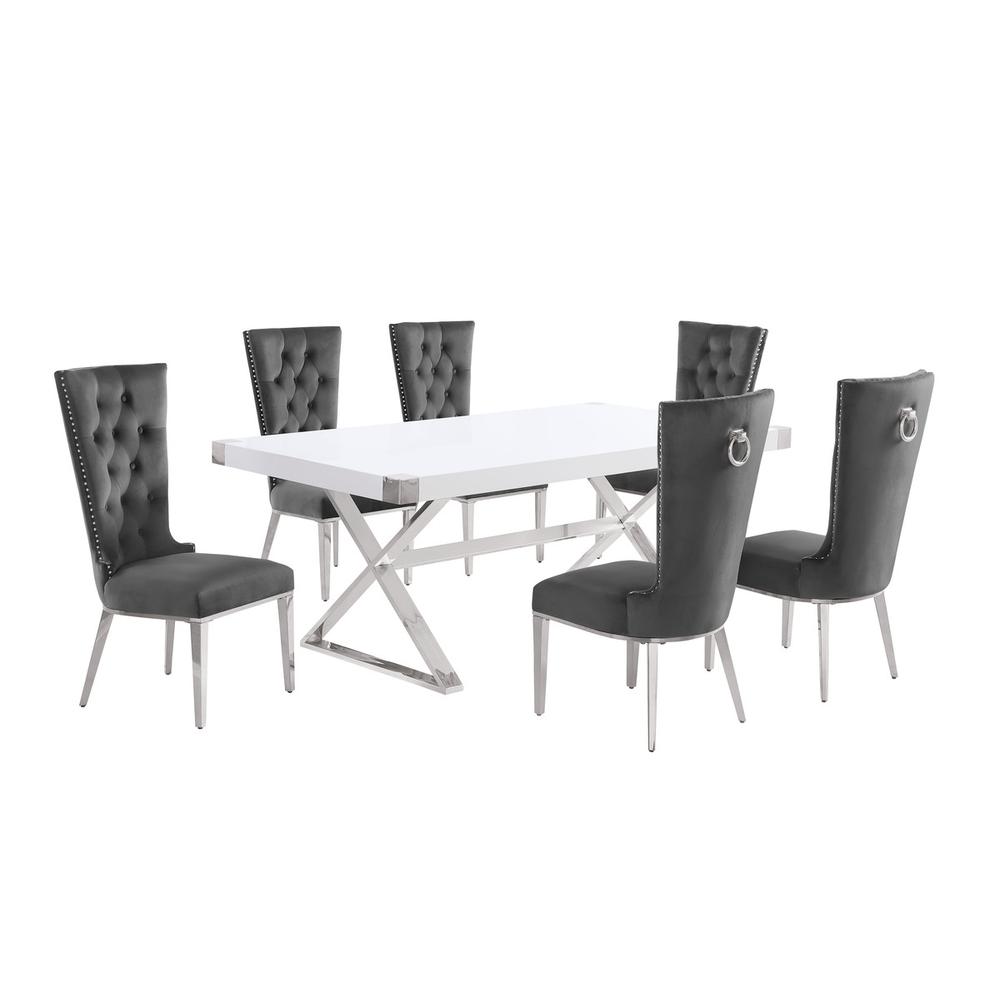 7pc Small(78″) white wood top dining set with silver base and 6 chiars