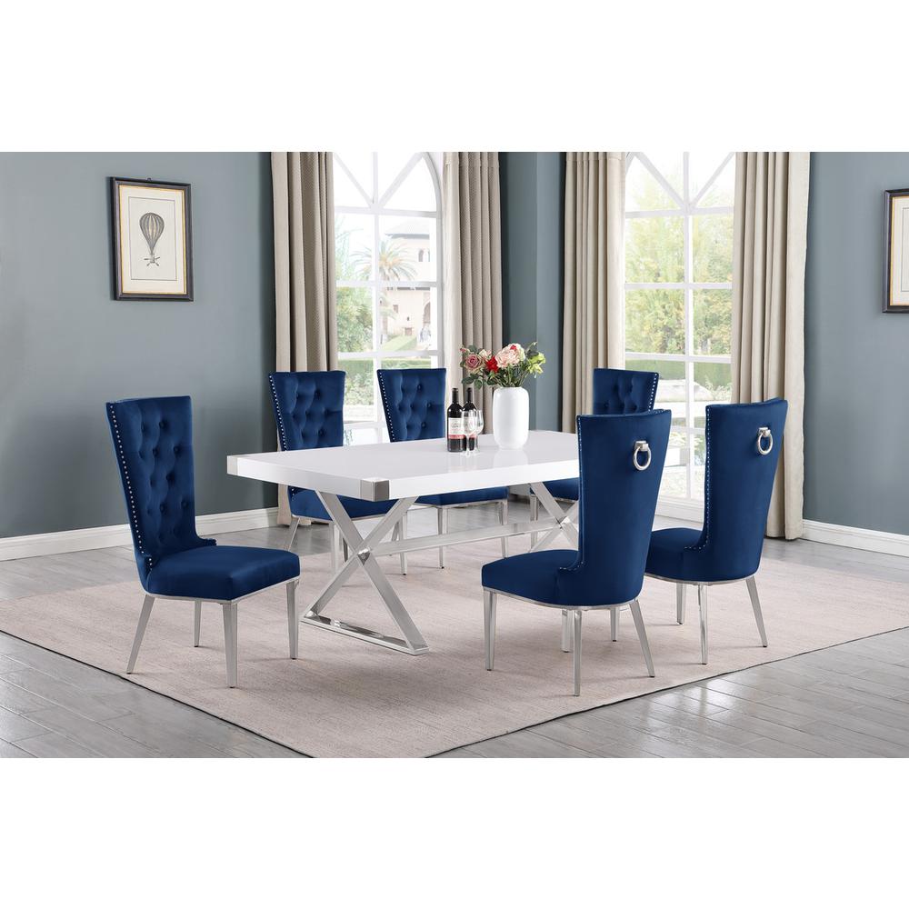7pc Small(78″) white wood top dining set with silver base and 6 Navy side chiars
