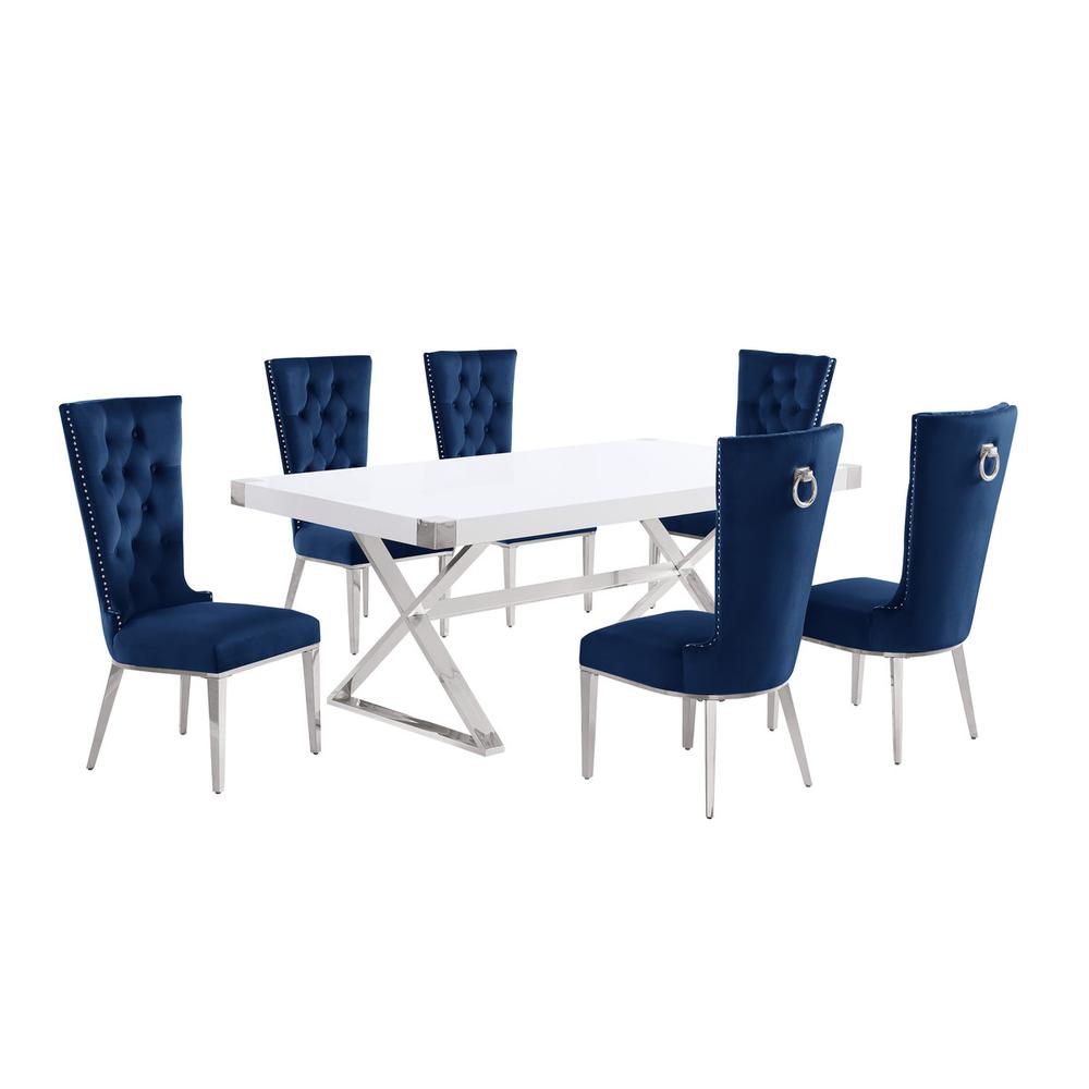 7pc Small(78″) white wood top dining set with silver base and 6 Navy side chiars