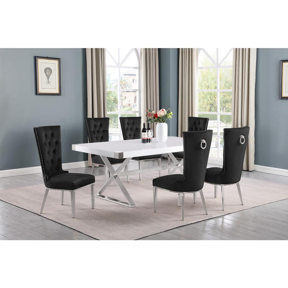 7pc Small(78″) white wood top dining set with silver base and 6 chairs
