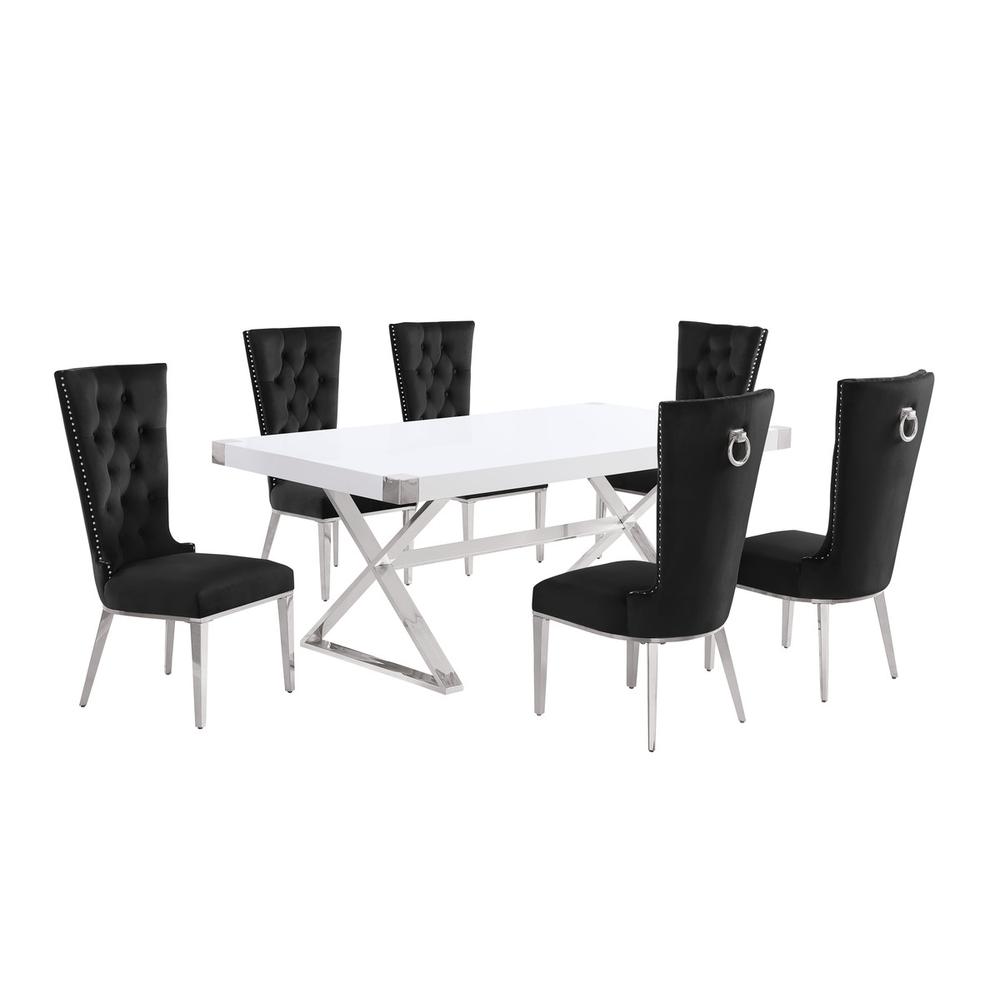 7pc Small(78″) white wood top dining set with silver base and 6 chairs