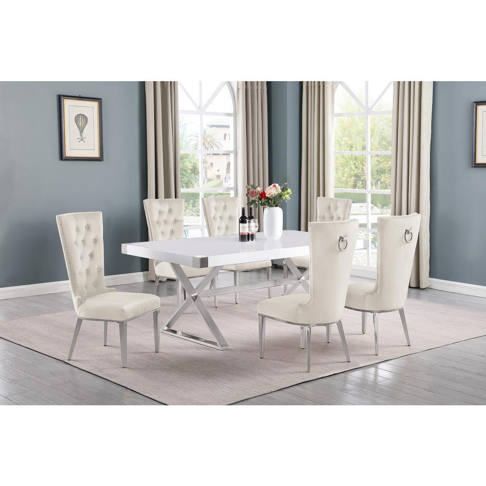 7pc Small(78″) white wood top dining set with silver base and 6 chairs