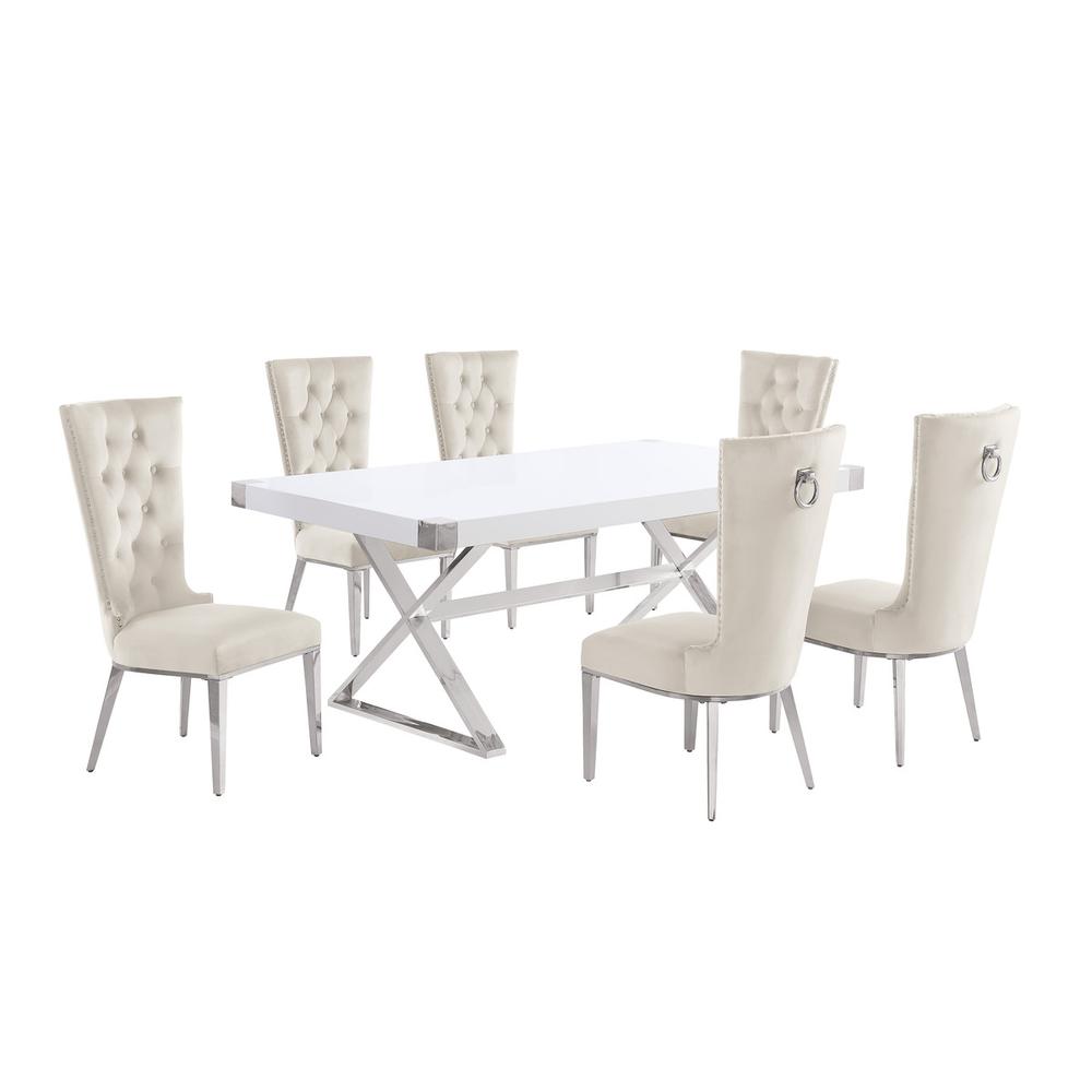 7pc Small(78″) white wood top dining set with silver base and 6 chairs
