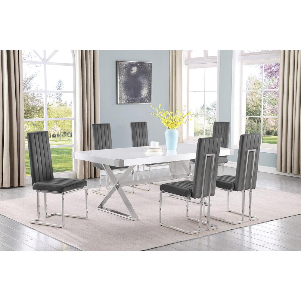 7pc Small(78″) white wood top dining set with silver base and 6 chiars