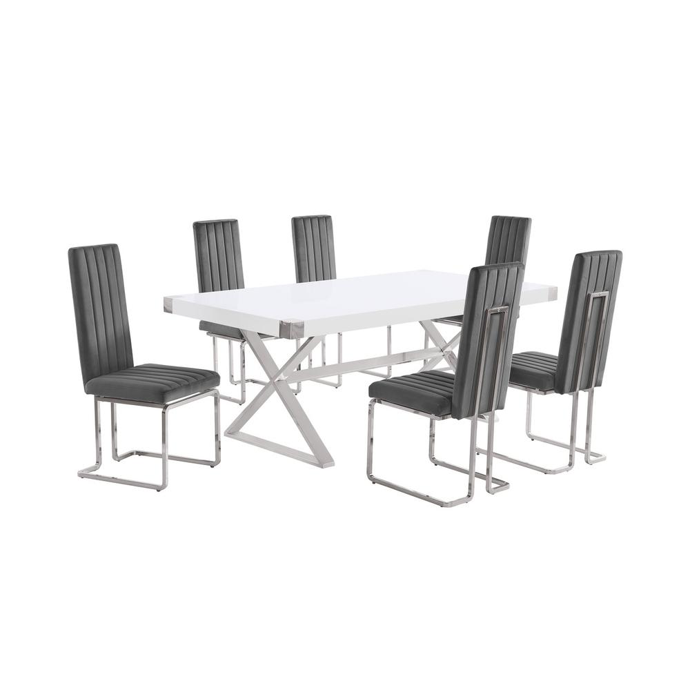 7pc Small(78″) white wood top dining set with silver base and 6 chiars