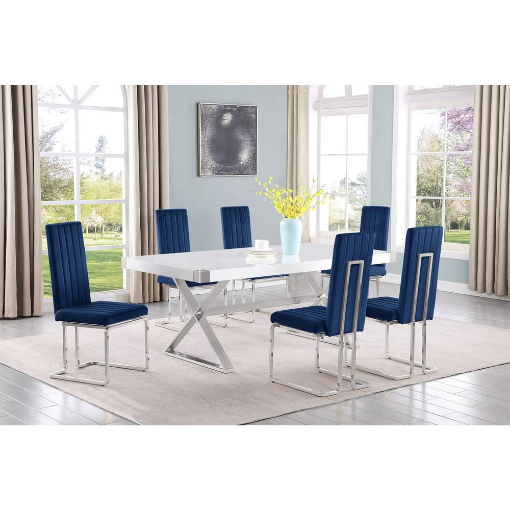 7pc Small(78″) white wood top dining set with silver base and 6 Navy side chiars