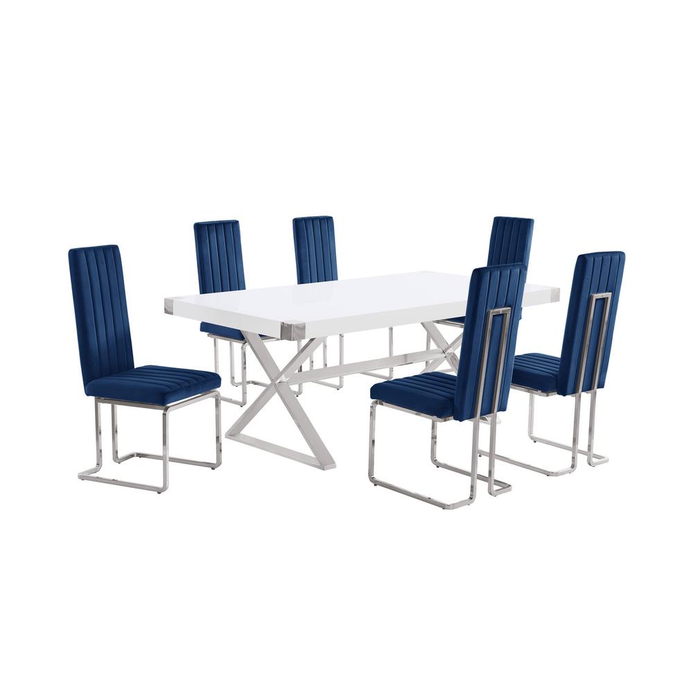 7pc Small(78″) white wood top dining set with silver base and 6 Navy side chiars