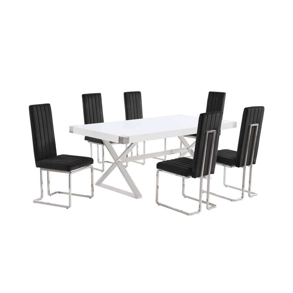 7pc Small(78″) white wood top dining set with silver base and 6 chairs