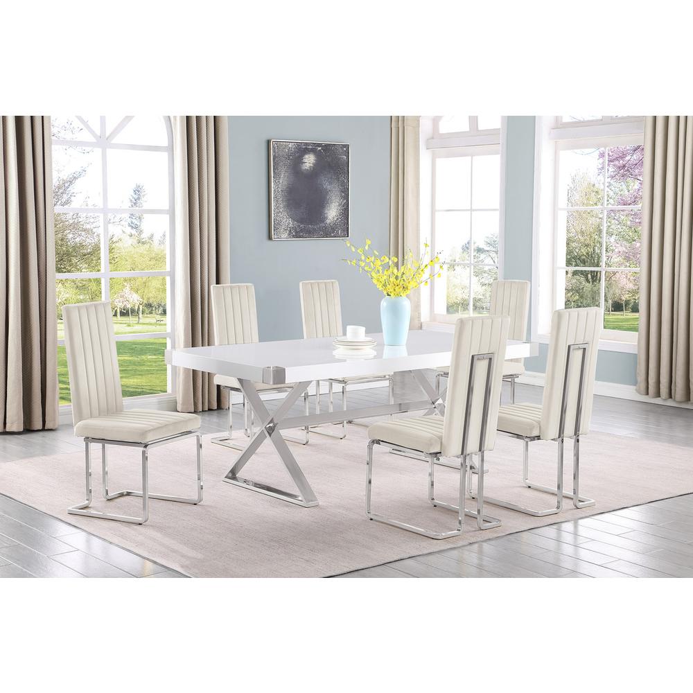 7pc Small(78″) white wood top dining set with silver base and 6 chairs