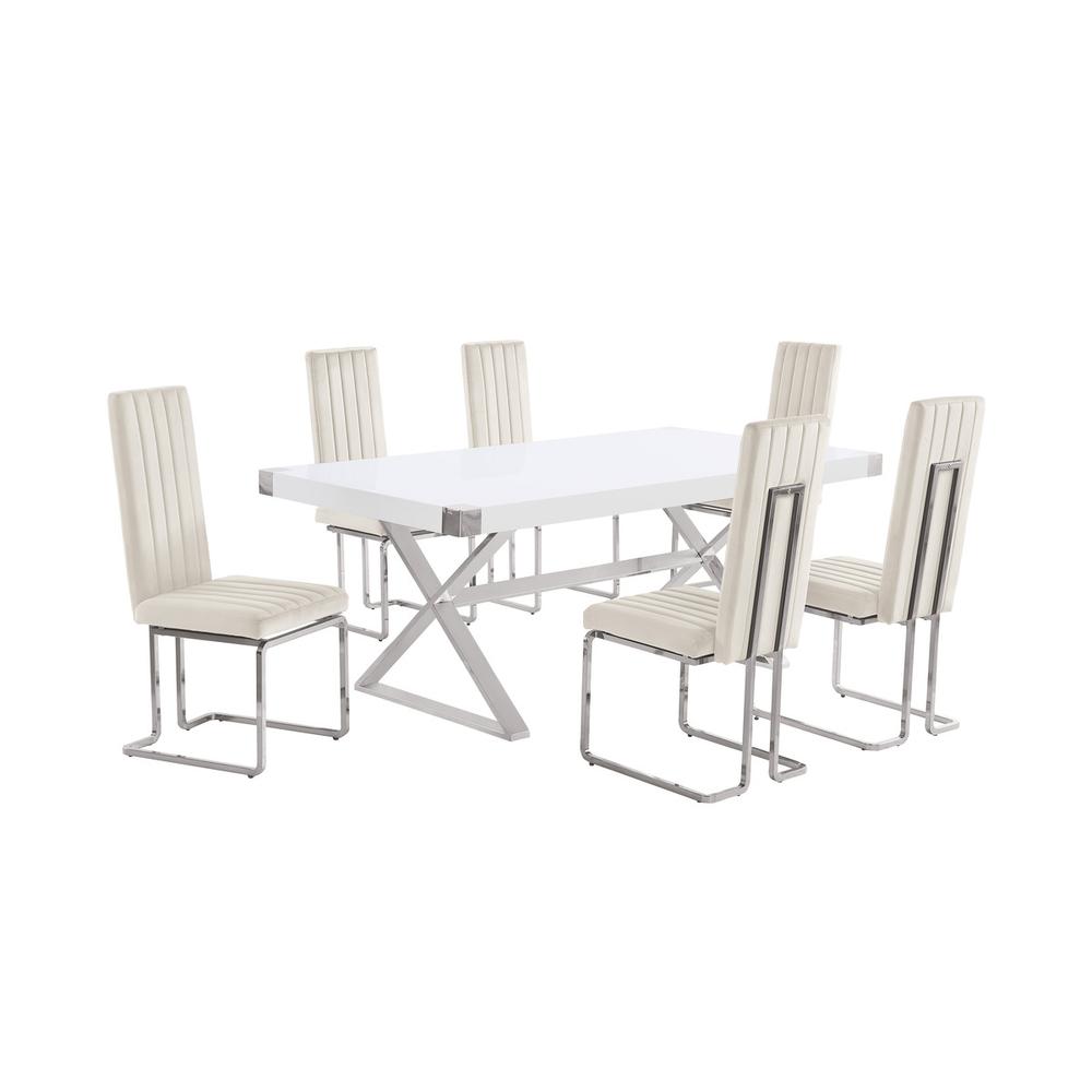7pc Small(78″) white wood top dining set with silver base and 6 chairs