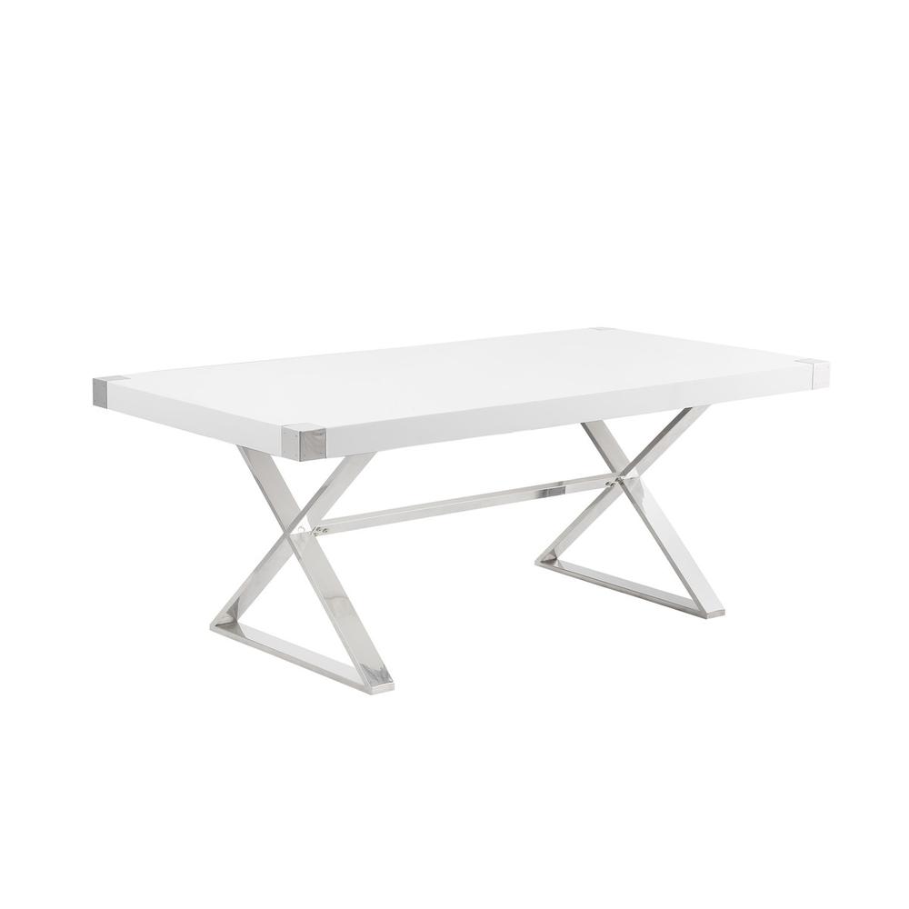 Small (78″) white wood top dining set with silver stainless steel base