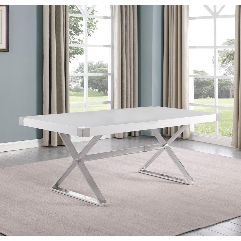 Small (78″) white wood top dining set with silver stainless steel base