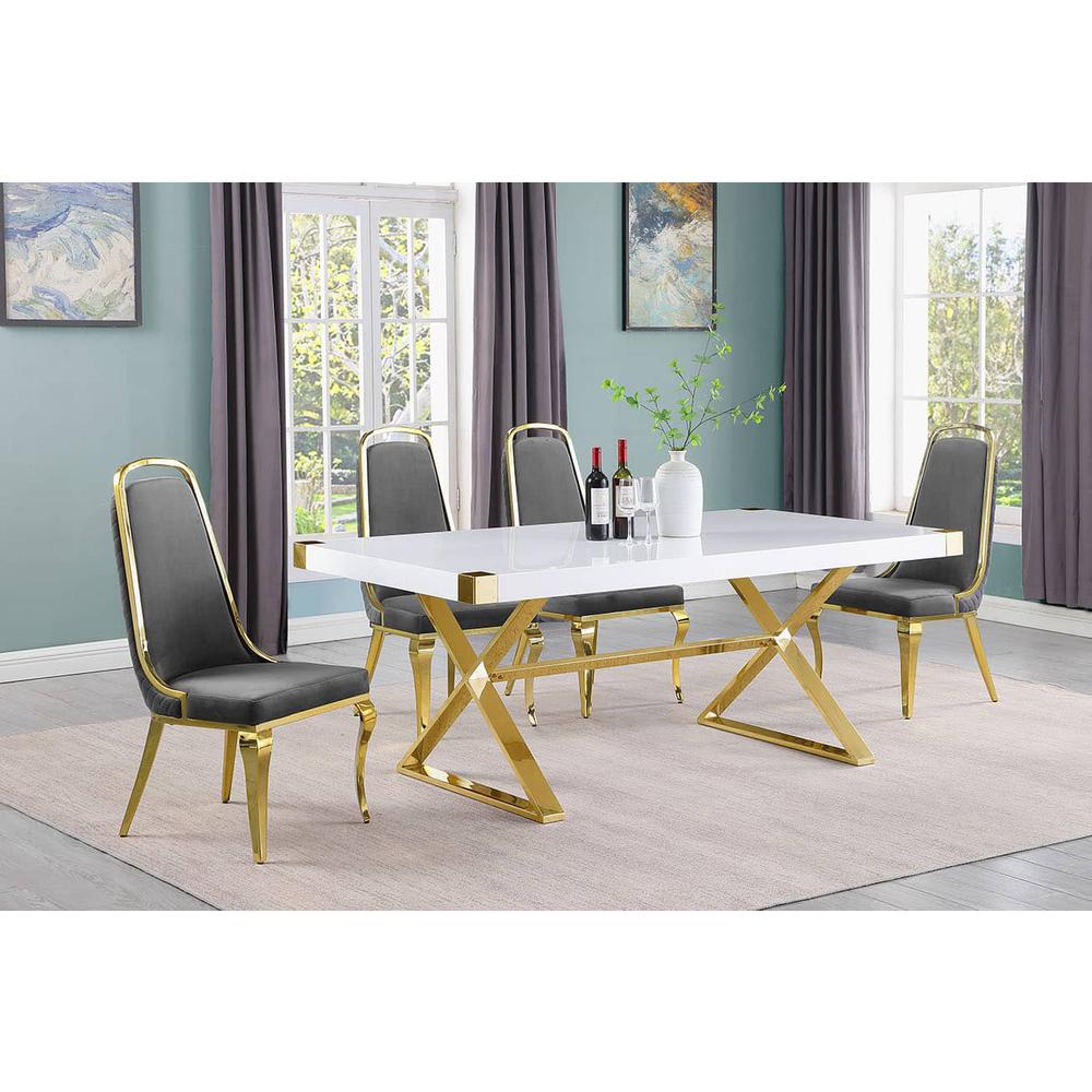 5pc Small(78″) white wood top dining set with gold base and 4 side chairs