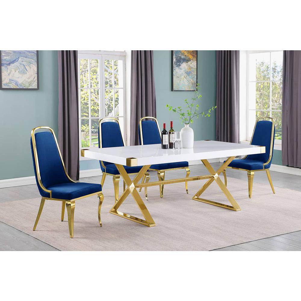 5pc Small(78″) white wood top dining set with gold base and 4 side chairs