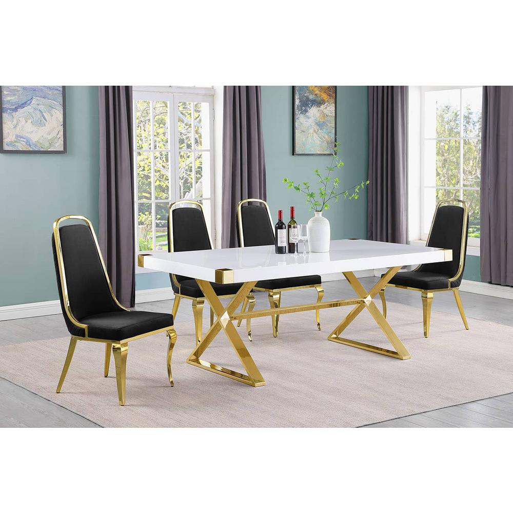 5pc Small(78″) white wood top dining set with gold base and 4 Black side chairs