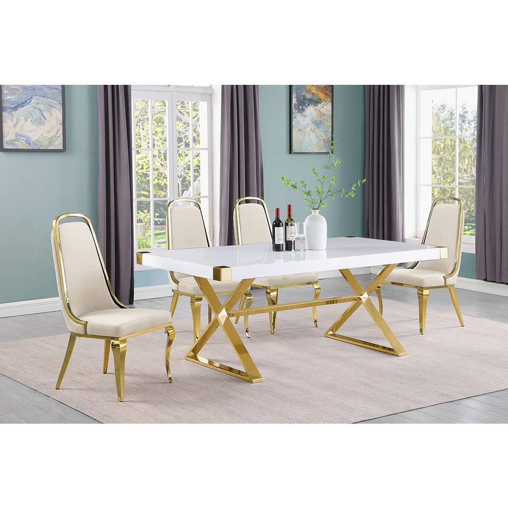 5pc Small(78″) white wood top dining set with gold base and 4 Cream side chairs