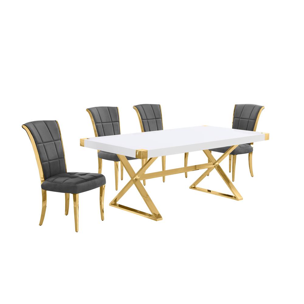 5pc Small(78″) white wood top dining set with gold base and 4 chairs