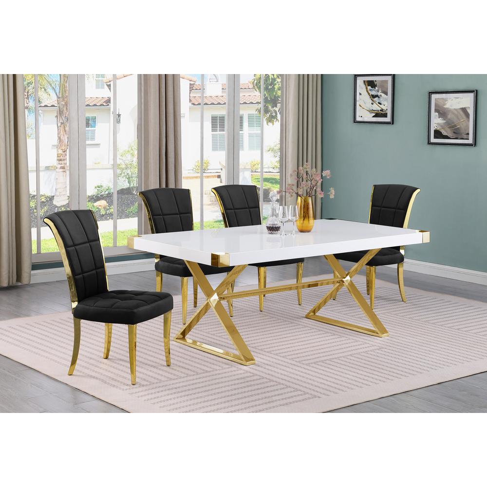 5pc Small(78″) white wood top dining set with gold base and 4 Black side chairs