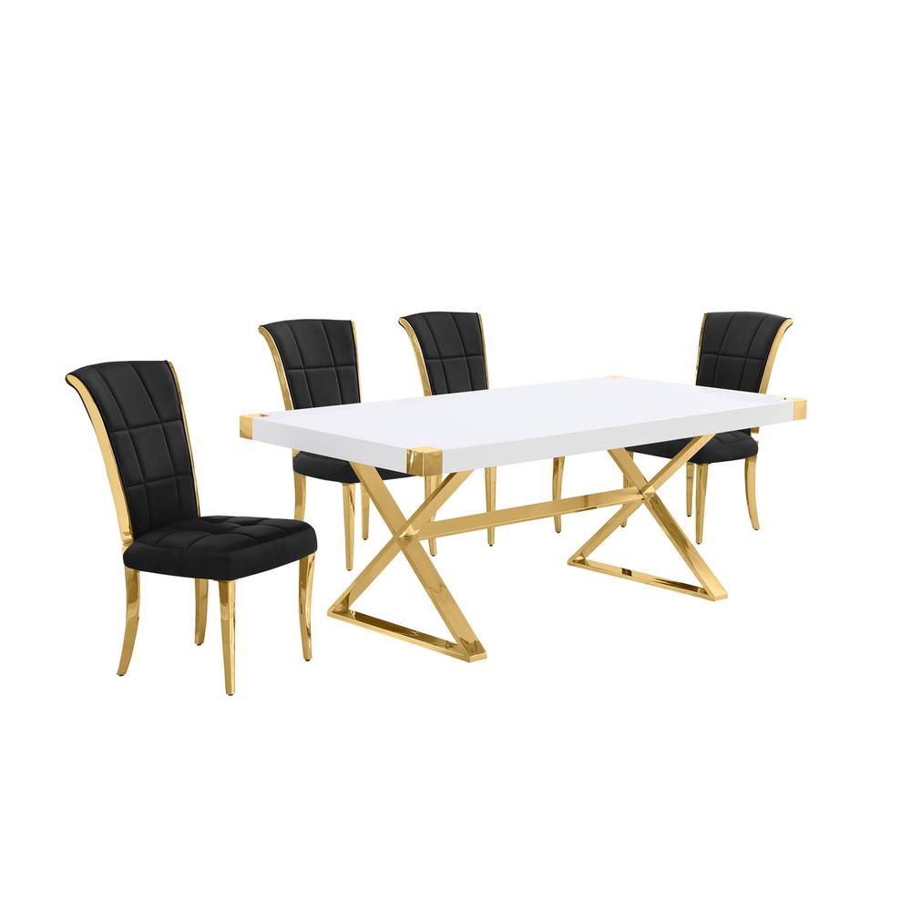 5pc Small(78″) white wood top dining set with gold base and 4 Black side chairs