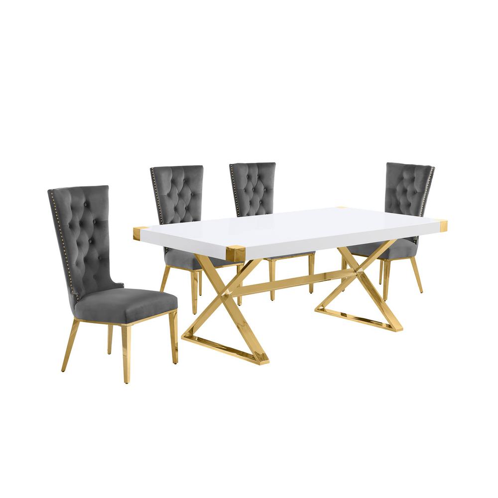 5pc Small(78″) white wood top dining set with gold base and 4 chairs
