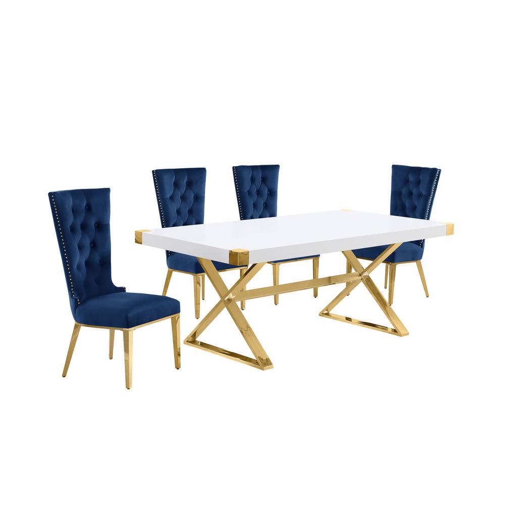 5pc Small(78″) white wood top dining set with gold base and 4 chairs