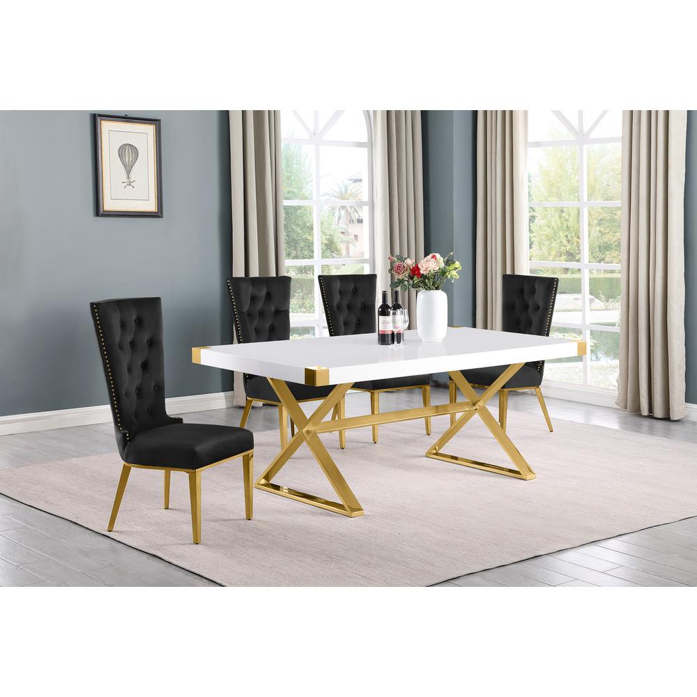 5pc Small(78″) white wood top dining set with gold base and 4 Black side chairs