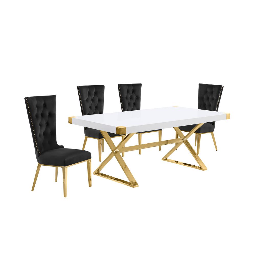 5pc Small(78″) white wood top dining set with gold base and 4 Black side chairs